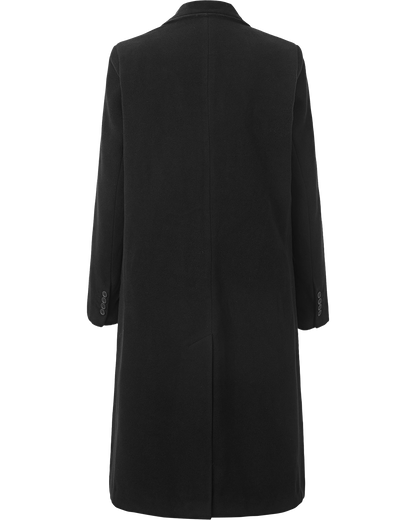 Flat back view of the black wool cashmere covert overcoat