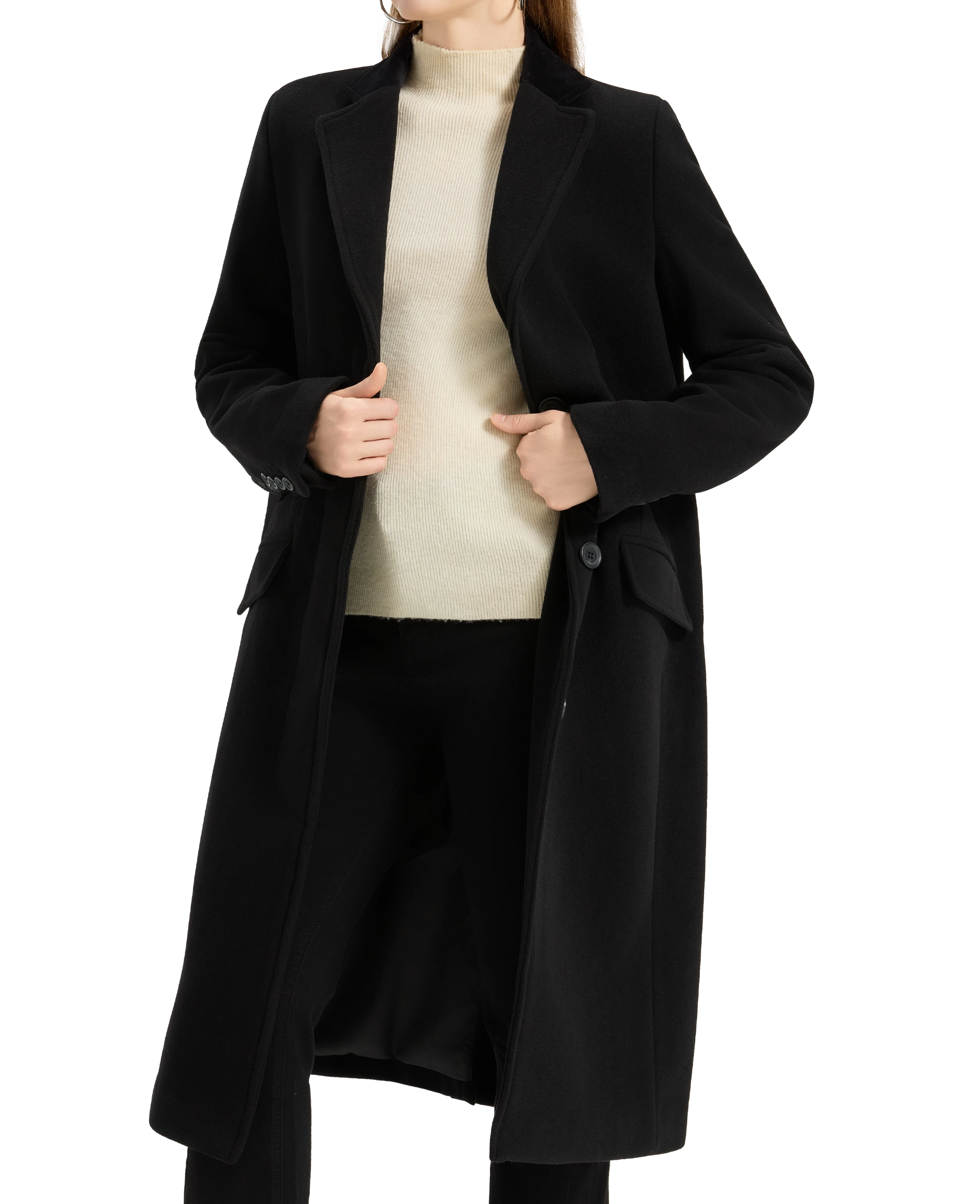 Model wearing the black covert overcoat open over a cream roll-neck