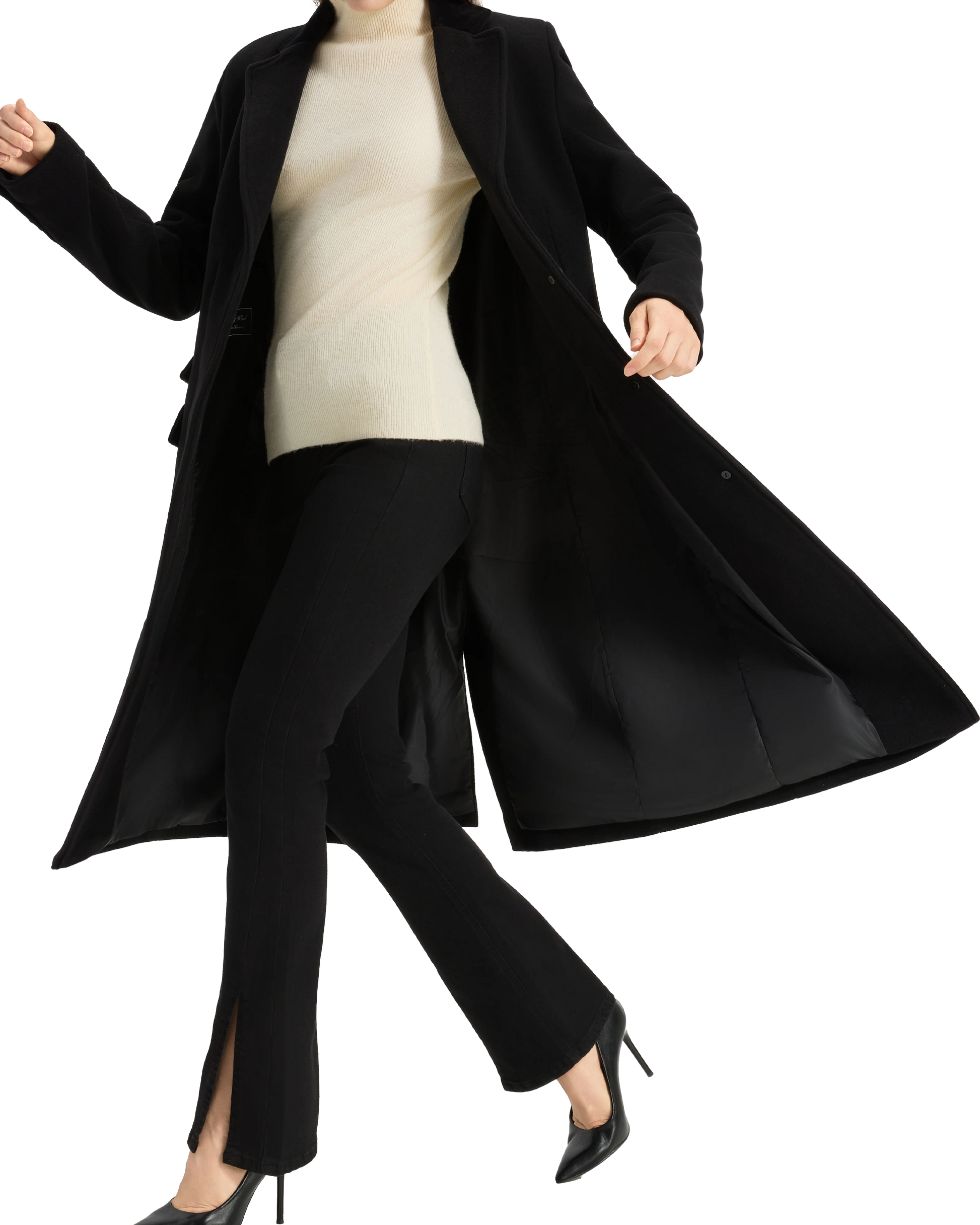 Model wearing the covert overcoat open, showing the black satin lining