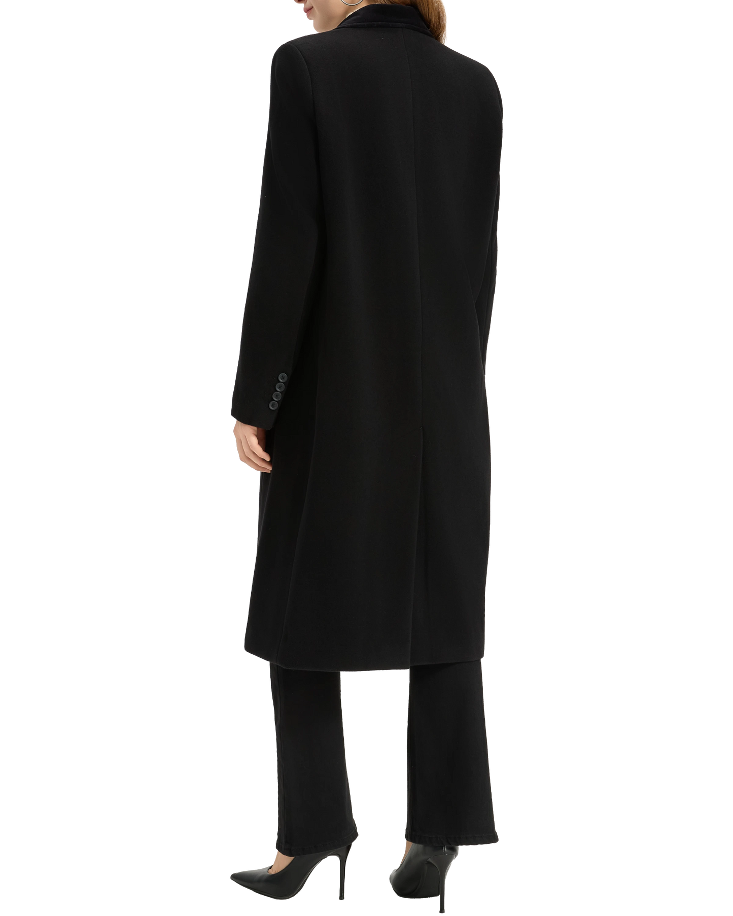 Back view of the women's black covert overcoat showing the clean shoulder line