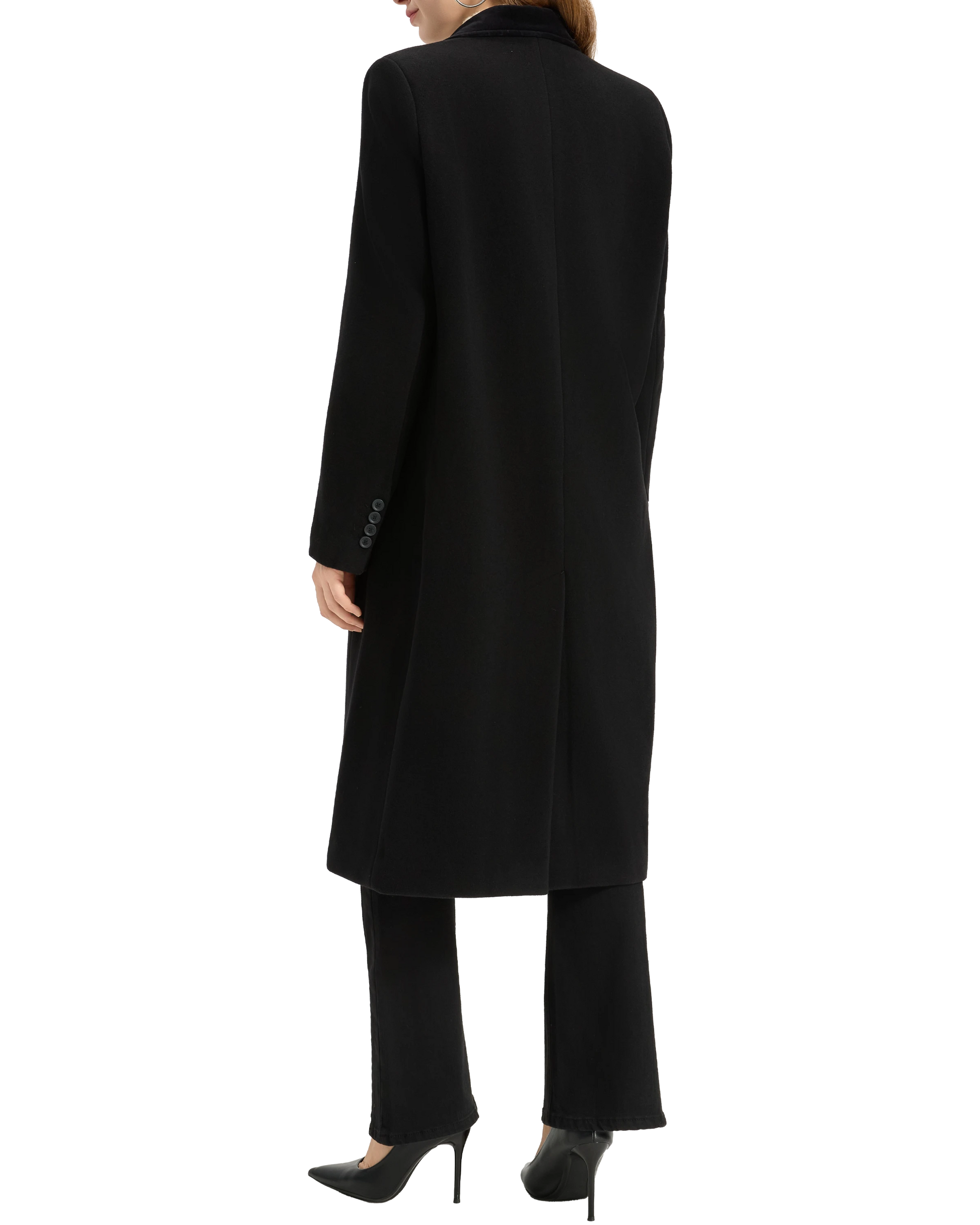 Back view of the women's black covert overcoat showing the clean shoulder line