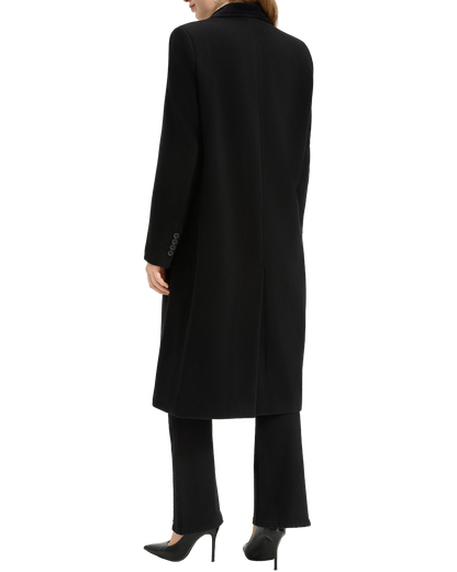 Back view of the women's black covert overcoat showing the clean shoulder line