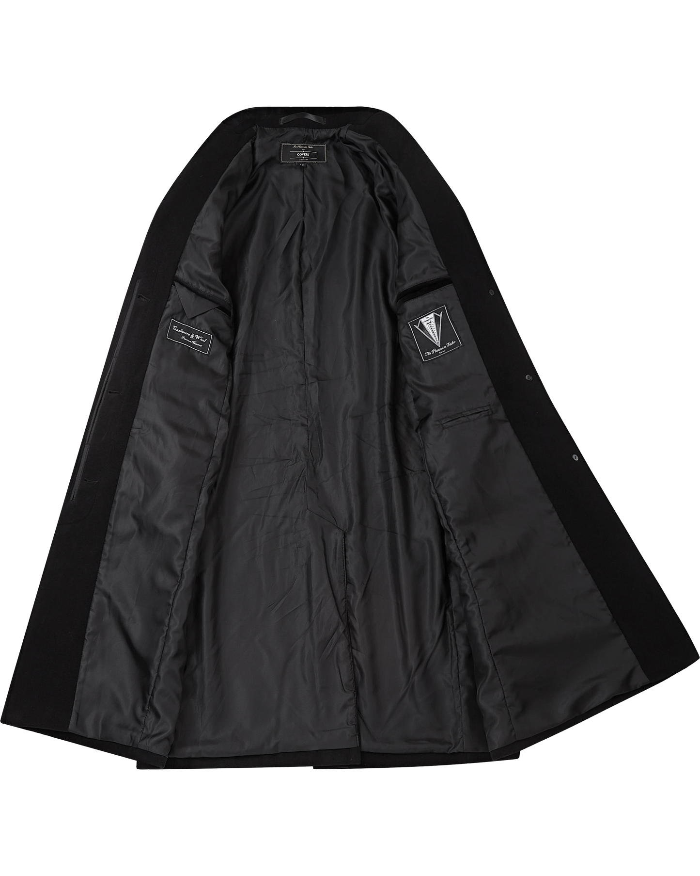Interior of the covert overcoat showing the full black satin lining