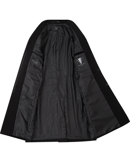 Interior of the covert overcoat showing the full black satin lining