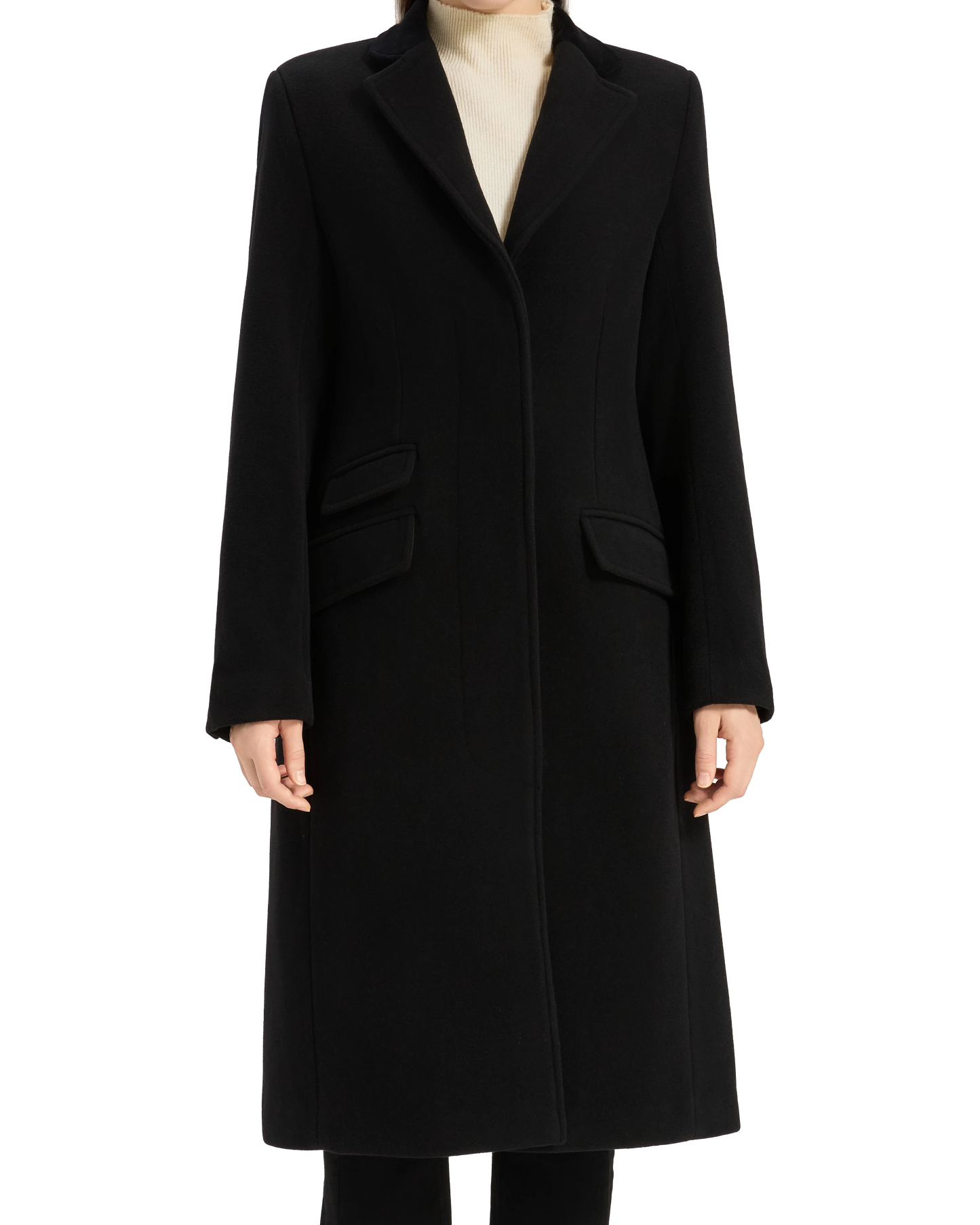 Women's black wool cashmere covert overcoat with black satin lining, front view - The Platinum Tailor