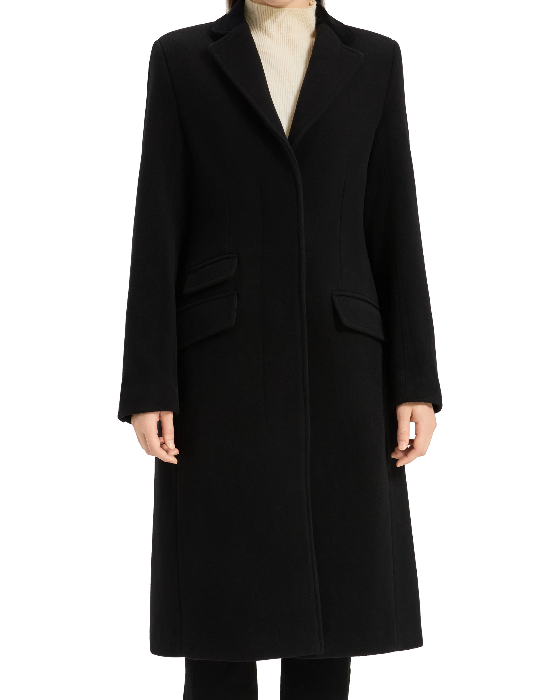 Women's black wool cashmere covert overcoat with black satin lining, front view - The Platinum Tailor
