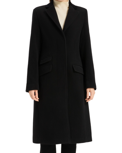 Women's black wool cashmere covert overcoat with black satin lining, front view - The Platinum Tailor