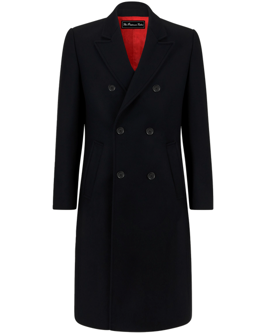Black Double Breasted Wool Cashmere Long Overcoat Red Lining - The Platinum Tailor