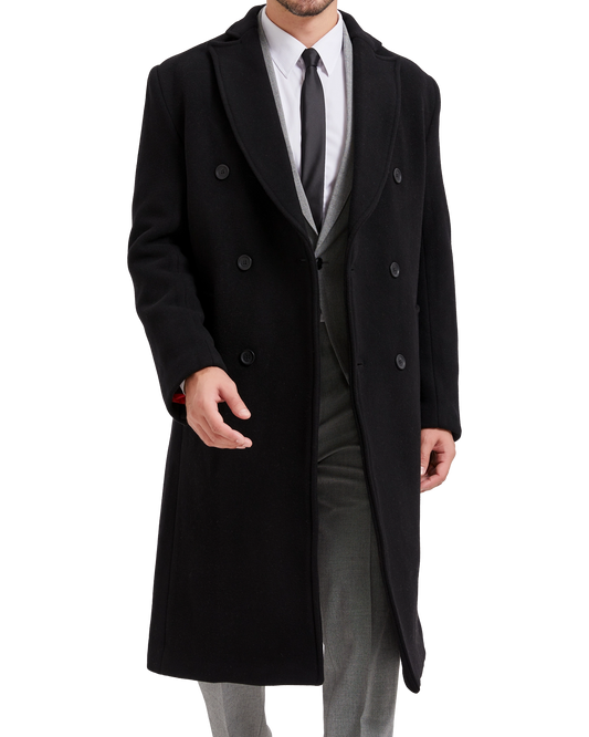 Black Double Breasted Wool Cashmere Long Overcoat Red Lining - The Platinum Tailor