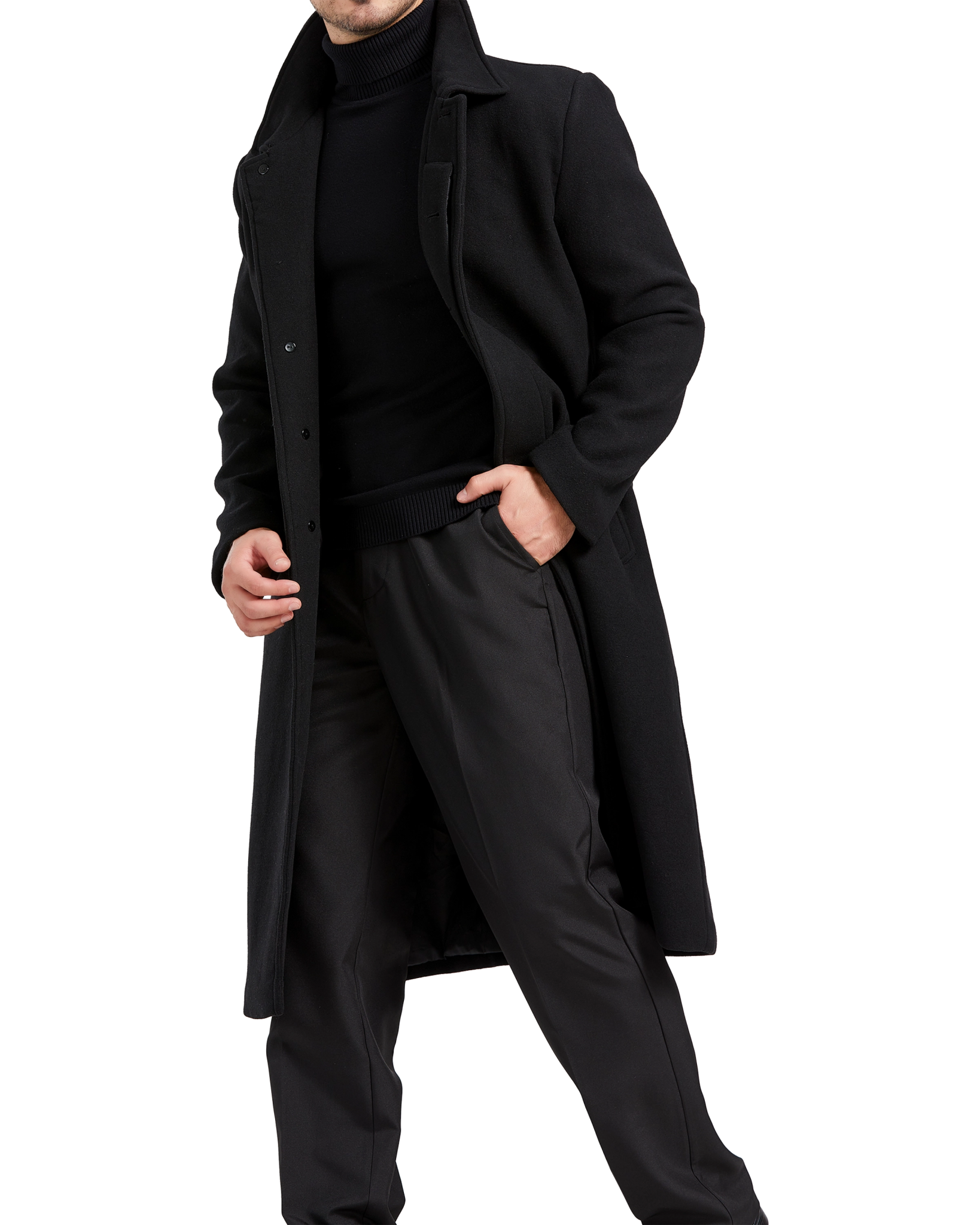 Black Long Wool Cashmere Overcoat Hidden Buttons - The Platinum Tailor