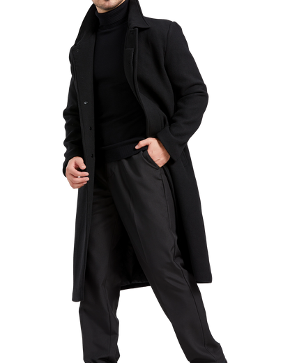 Black Long Wool Cashmere Overcoat Hidden Buttons - The Platinum Tailor