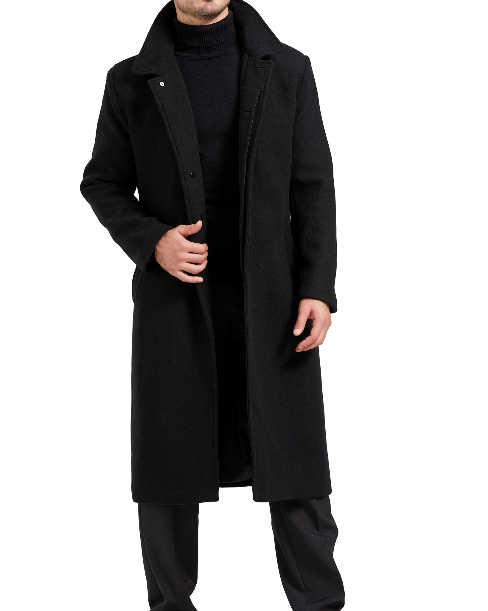 Black Long Wool Cashmere Overcoat Hidden Buttons - The Platinum Tailor