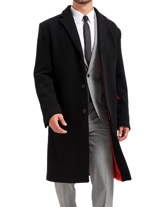 Black Wool Cashmere Bond Overcoat Red Lining - The Platinum Tailor