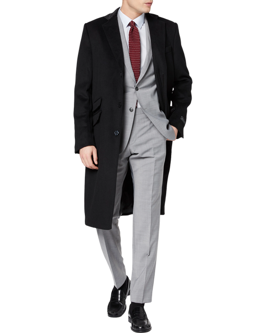 Black Wool Cashmere Covert Overcoat With Black Lining - The Platinum Tailor