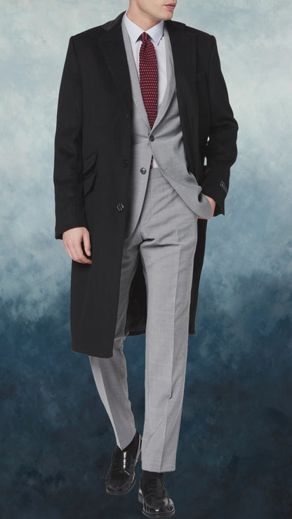 Black Wool Cashmere Covert Overcoat With Black Lining