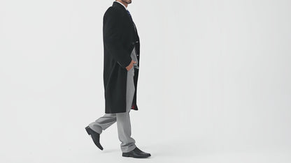 Black Wool Cashmere Long Overcoat With Red Lining