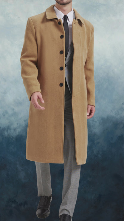 Camel Long Wool Cashmere Overcoat Hidden Buttons